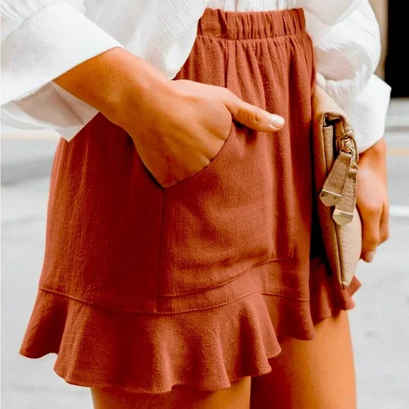 HUUSA Women's Orange Rust Ruffle Shorts with Pockets, Small - Picture 2 of 10